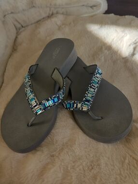 Capelli of New York Gray Wedge Sandals with Blue Bead Accents